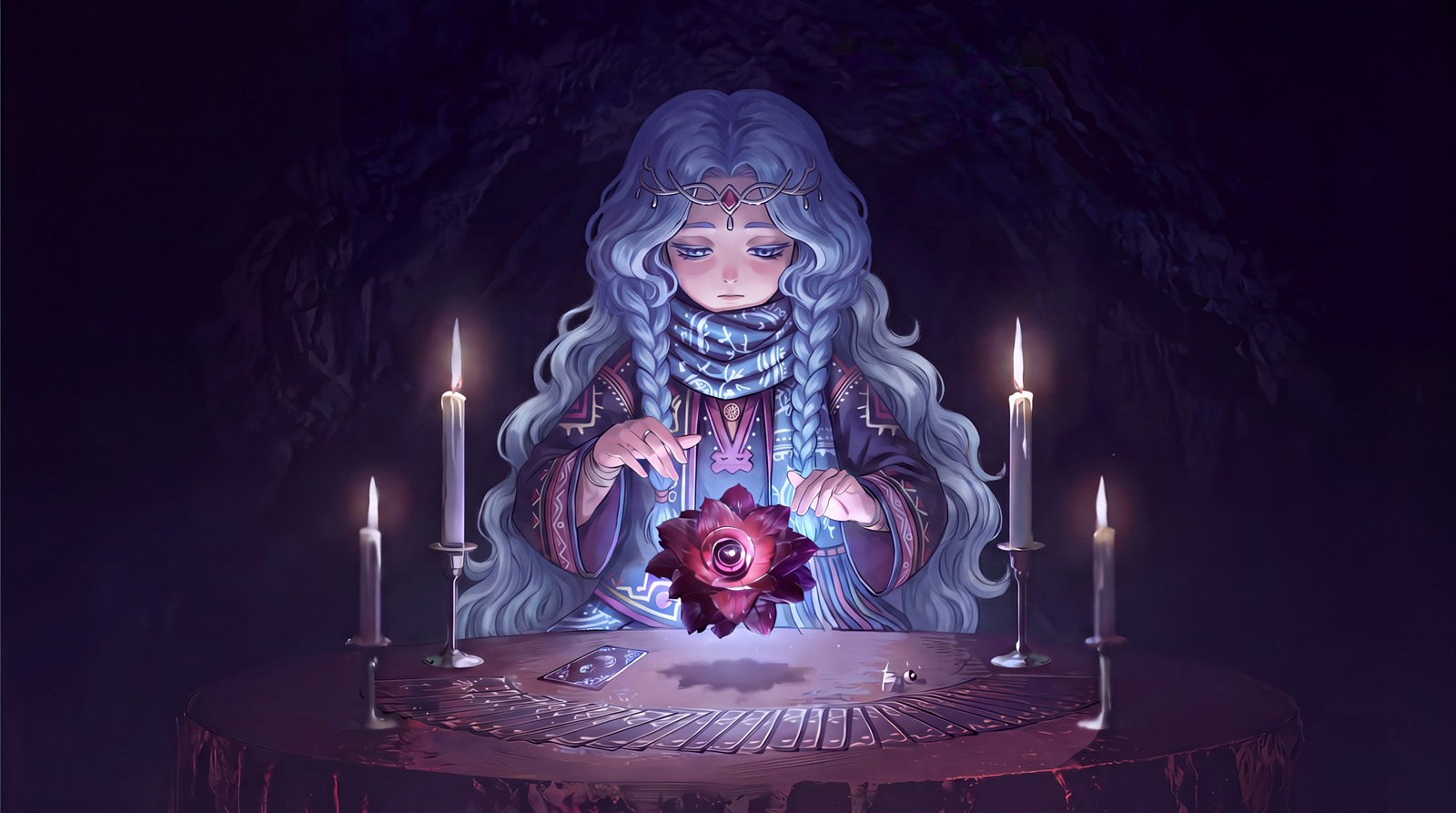 A silver-haired woman seated at a candlelit table, her hands framing a crimson Cresson flower against a dark northern forest.